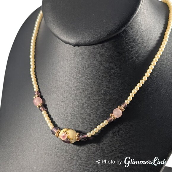 1928 Company Faux Pearl Pink Purple Roses Beaded Necklace - Picture 3 of 9